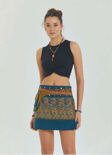 Snap Closure Pocket Patchwork Wrapped Petrol Floral Skirt 4687